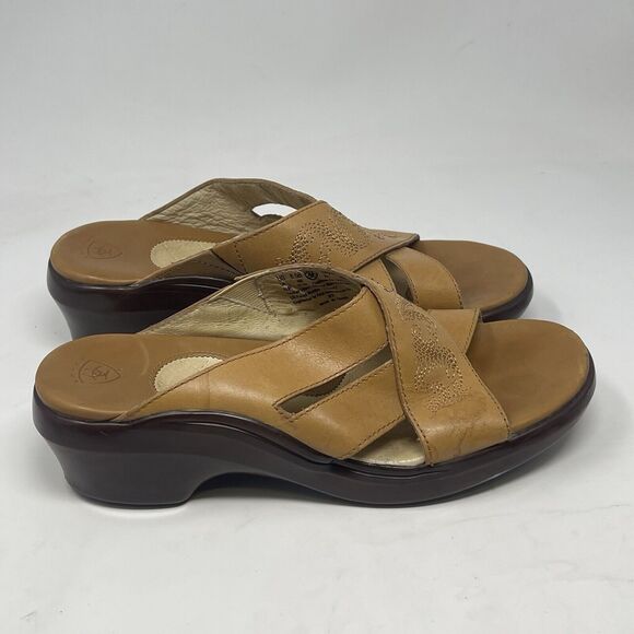 Ariat Wedge Heel Slide Sandals Womens 8.5 B Tan Brown Leather Stitching Western - Picture 1 of 15